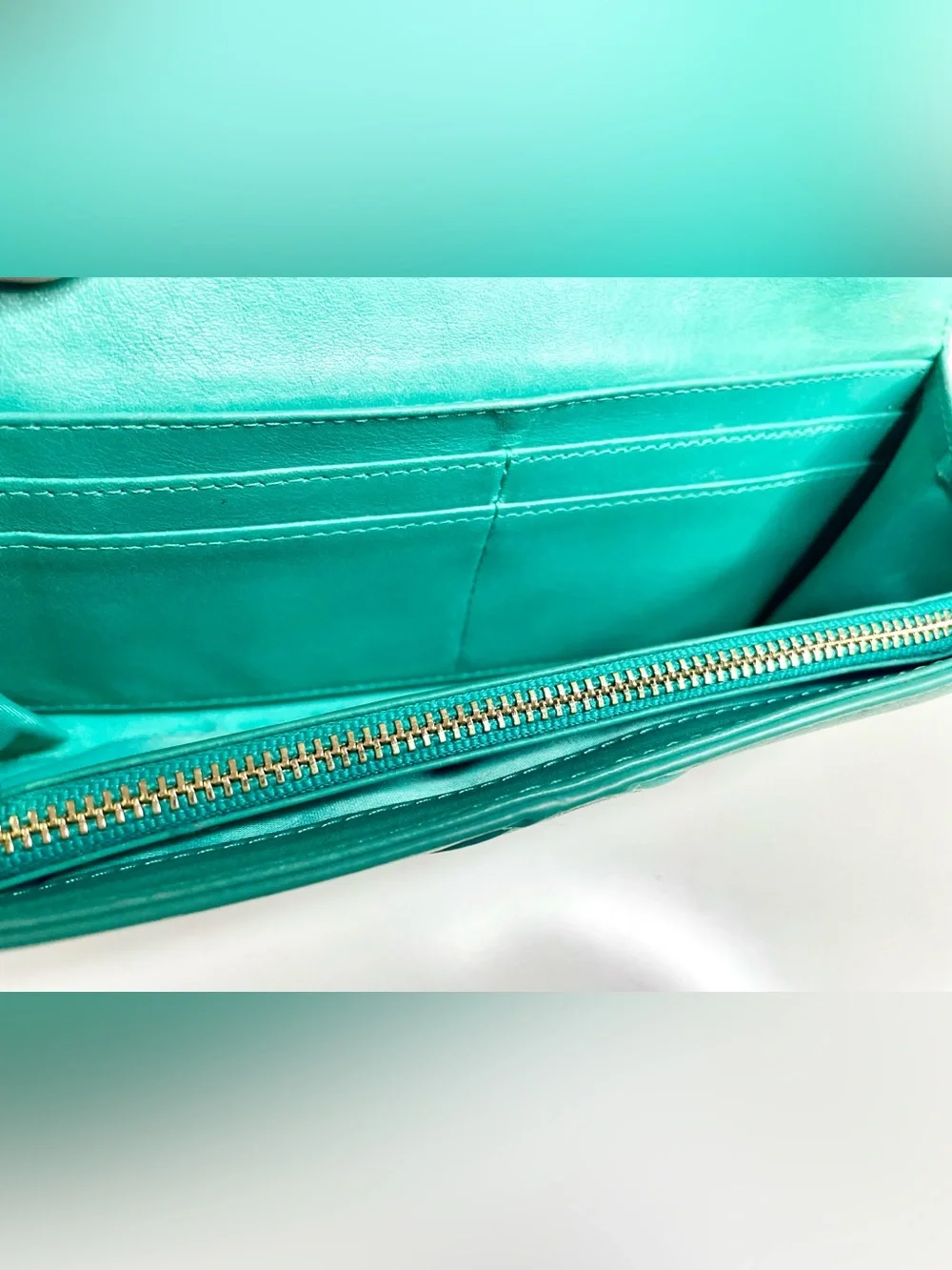 Tory Burch Green Leather Continental Envelope Wallet with Blue Enamel Bow
